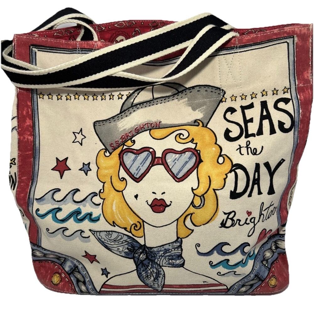 Grandma Core Nautical Brighton “SEAS THE DAY" Canvas Tote Large Wide Tote